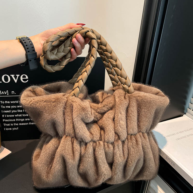 Cozy Plush Texture Tote with Braided Handles