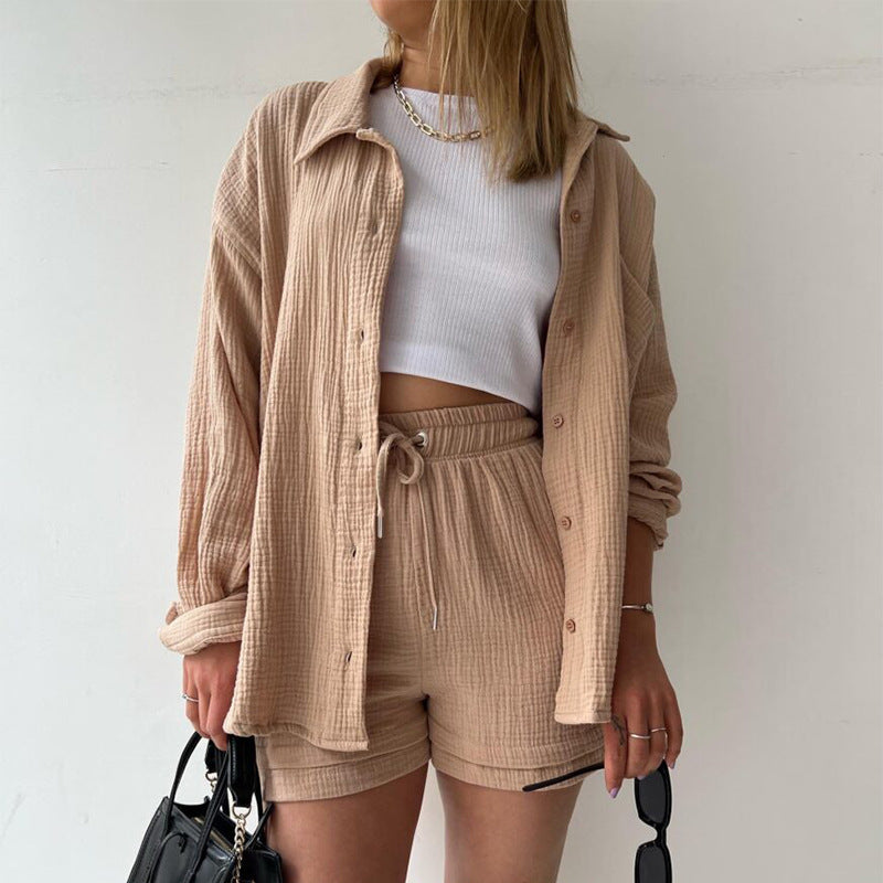 European And American Clothing Two-Piece Set Wrinkled Lapel Long-Sleeved Shirt High-Waisted Drawstring Shorts Large Size Fashion Casual Suit