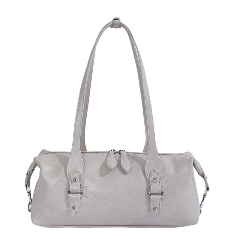 Vintage East-West Barrel Shoulder Bag with Buckle Details