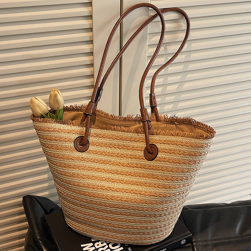 Women Unique Woven Large Striped Handheld Rustic Beach Bag