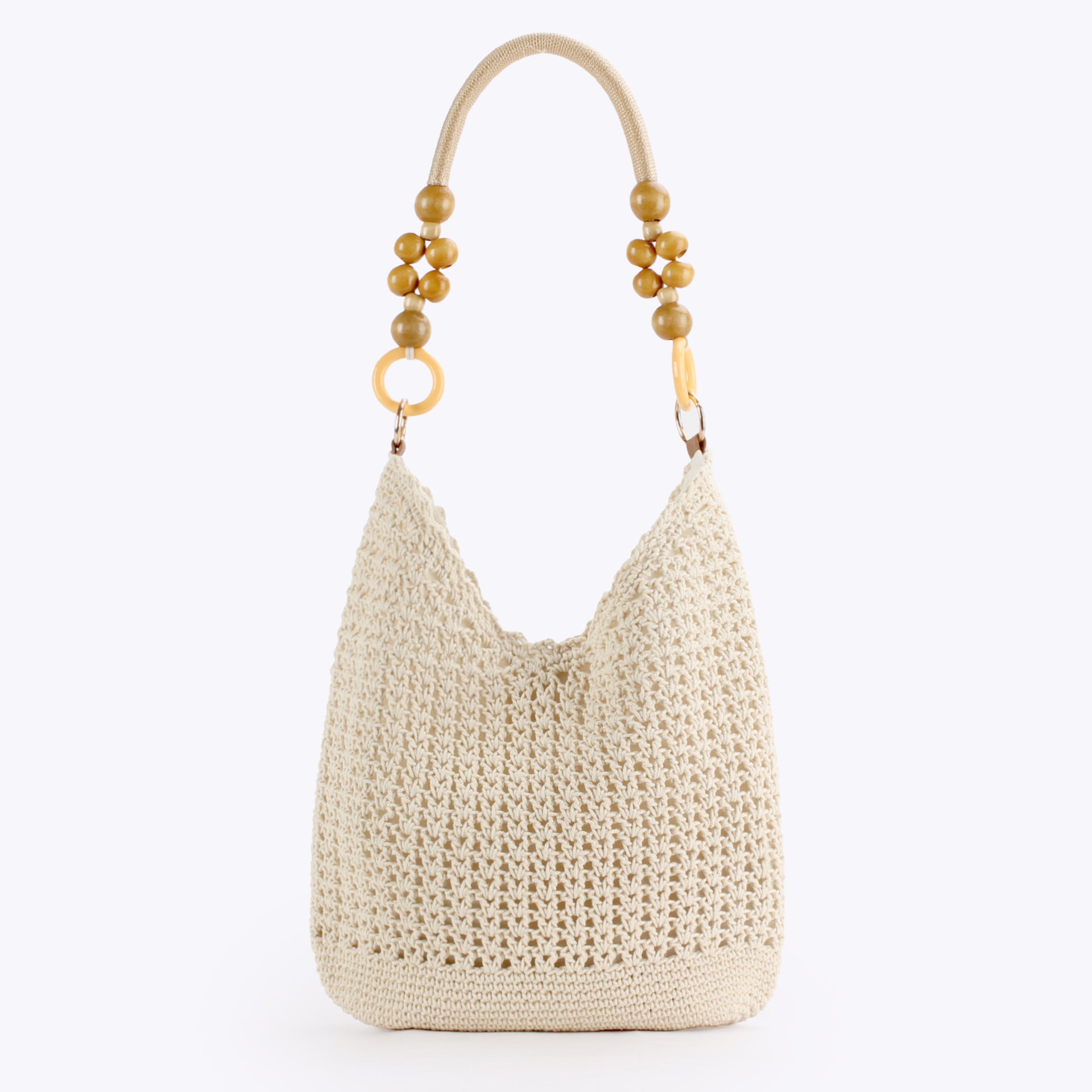 Hand Crocheted Cotton Hobo Shoulder Bag with Beaded Handle