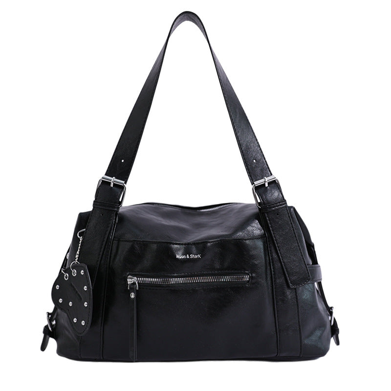 Vintage Shoulder Bag with Studded Heart Charm and Zipper