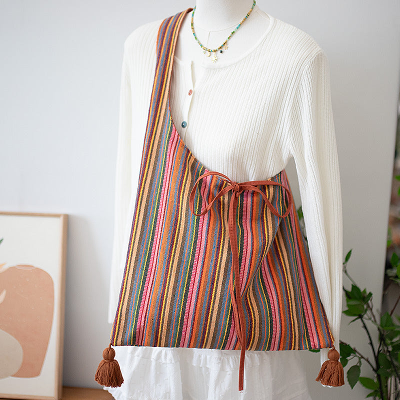 Original Ethnic Textured Striped Canvas Shoulder School Bag