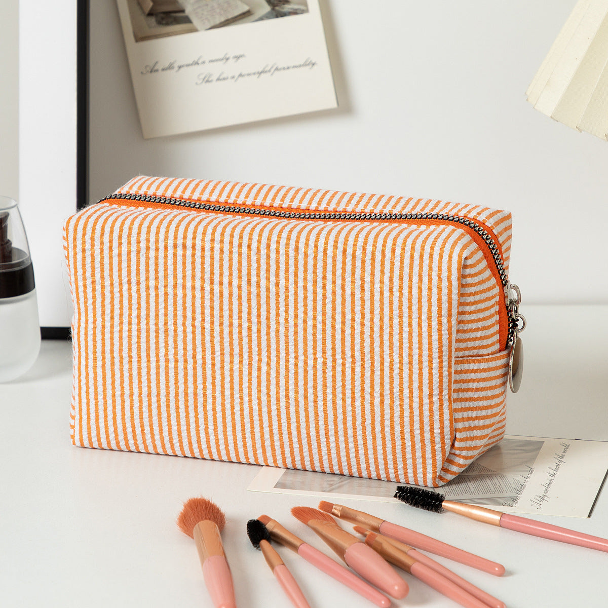 Seersucker Striped Cosmetic Bag Large Capacity Travel Toiletry Clutch Bag