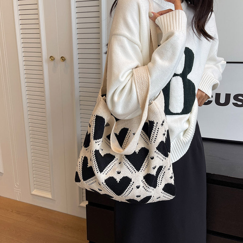 Heart Pattern Crochet Knit Shoulder Tote Bag