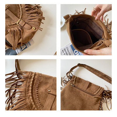 Women's Western Imitation Suede Tassel Retro Saddle Crossbody Bag