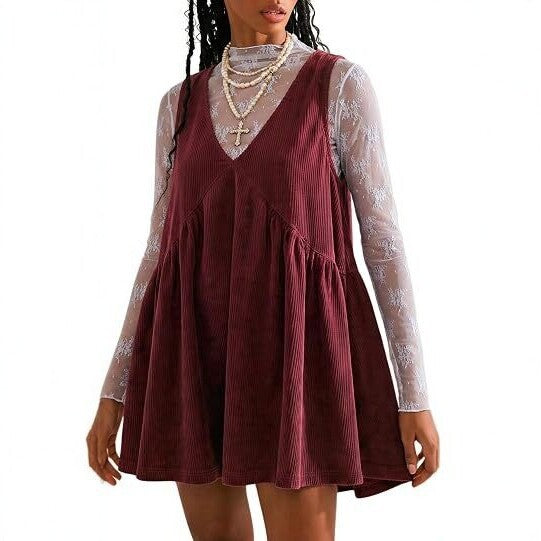 2026 Spring New Arrival: Women's Corduroy Two-Piece Set—V-Neck, Slimming A-Line Dress with European and American Cross-Border Style