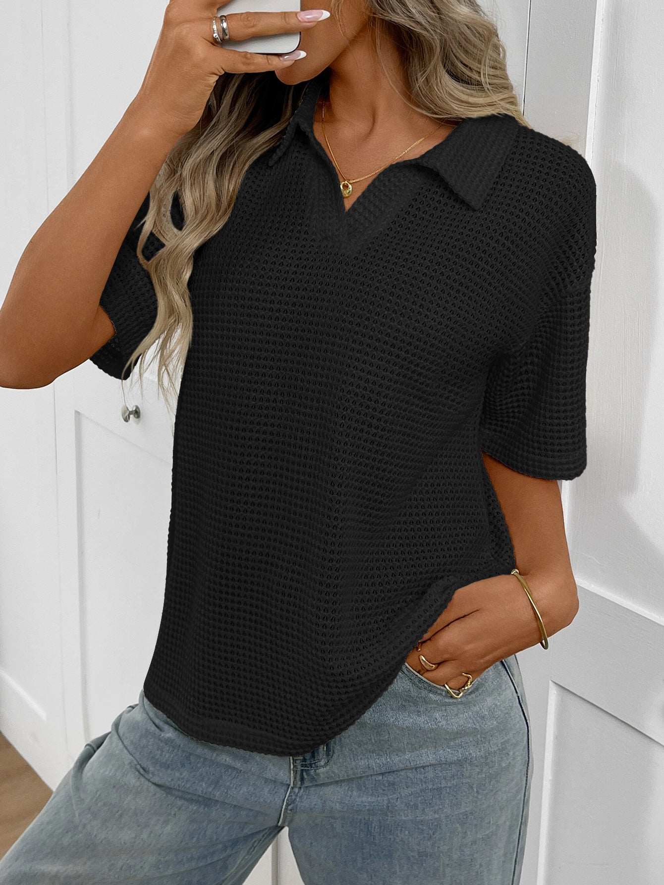 Women Lapel Knitted Loose Short-Sleeve T-Shirt