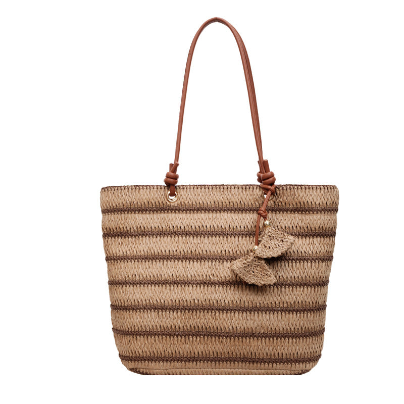 Women 2026 Spring New Casual Large Shoulder Paper Rope Striped Woven Bag