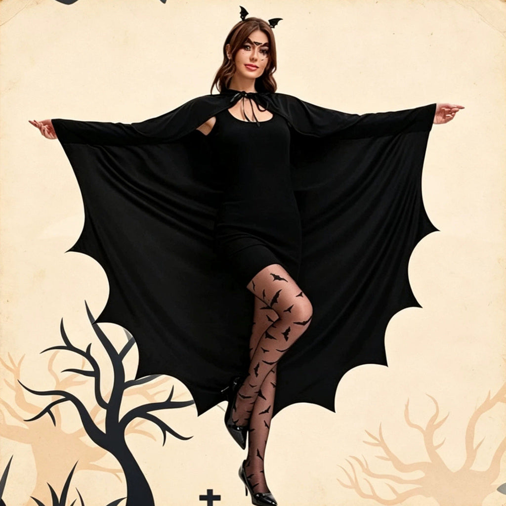 Black Gothic Halloween Hooded Bat Cape with Wing-Shaped Hem
