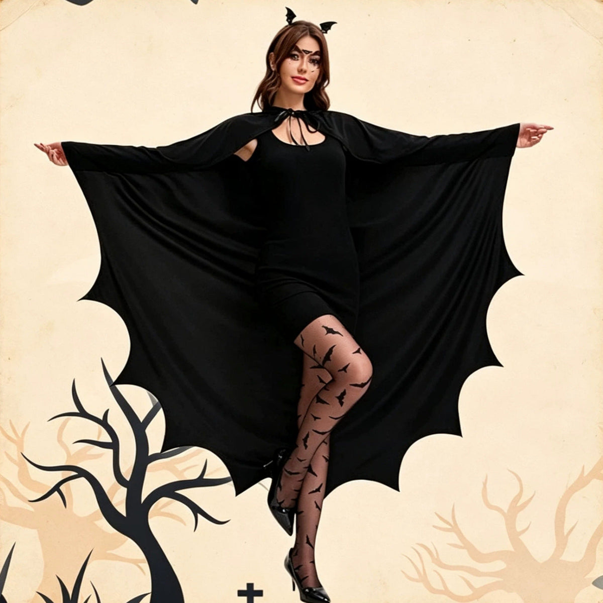 Black Gothic Halloween Hooded Bat Cape with Wing-Shaped Hem