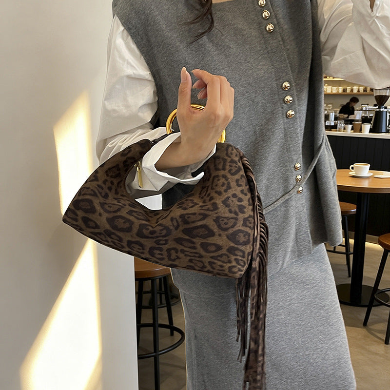 Suede Fringe Handbag with Metal Ring Handle