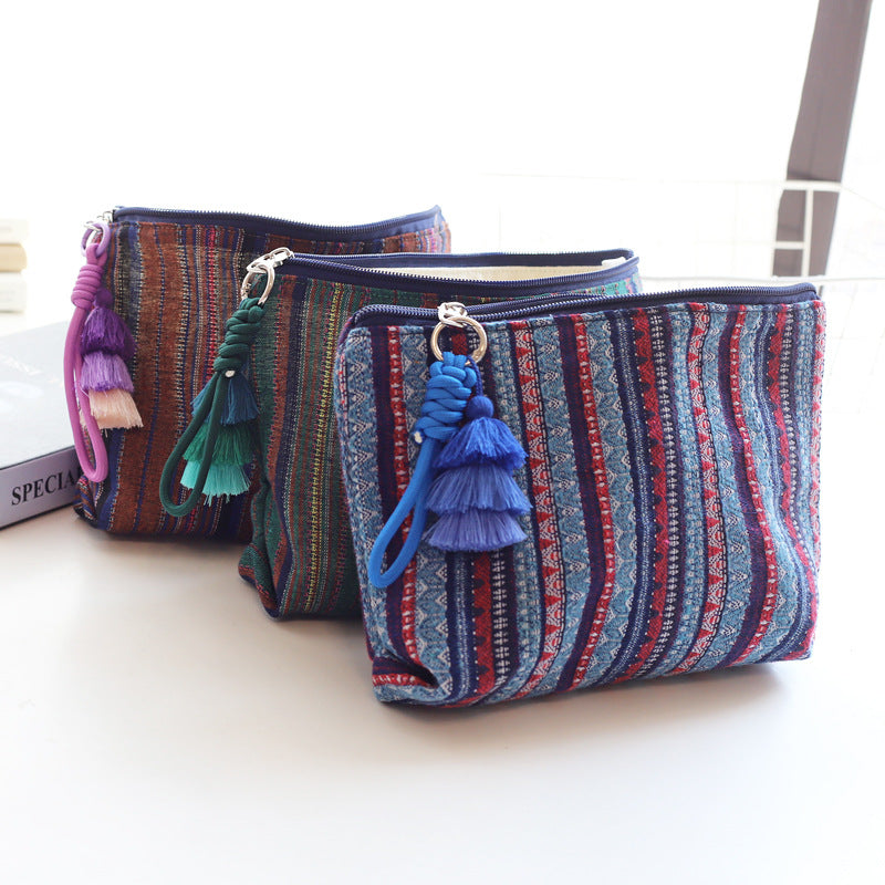 Women Colorful Stripe Tassel Handheld Ethnic Zipper Travel Pouch