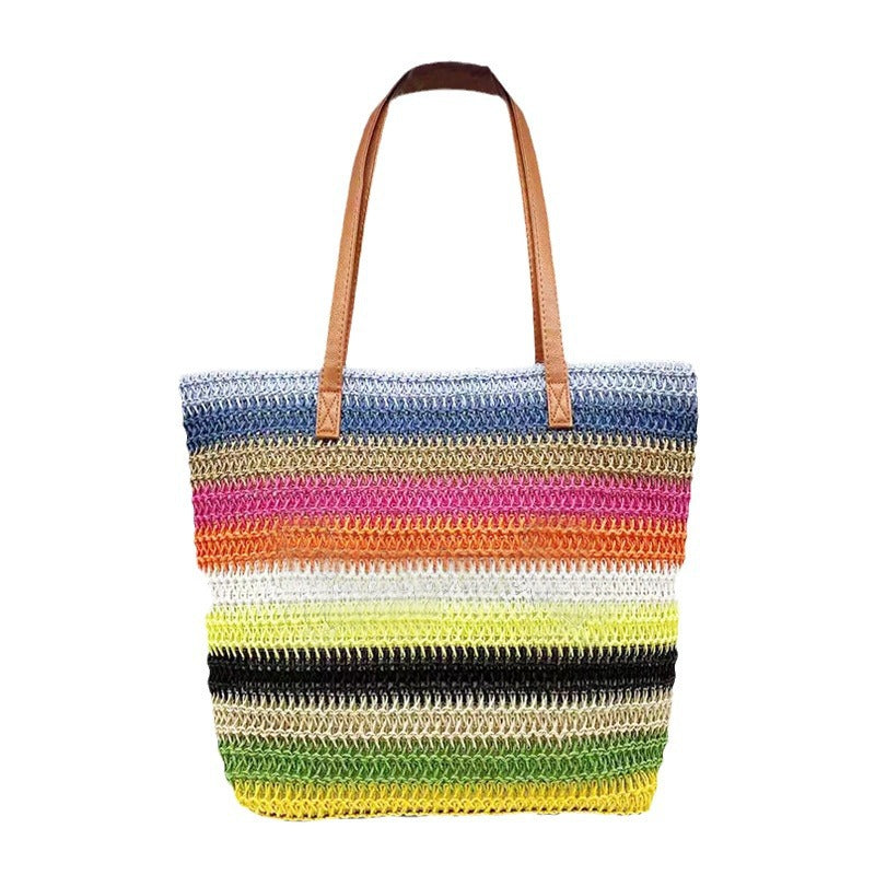 Striped Contrasting Color Handmade Straw Tote Bag
