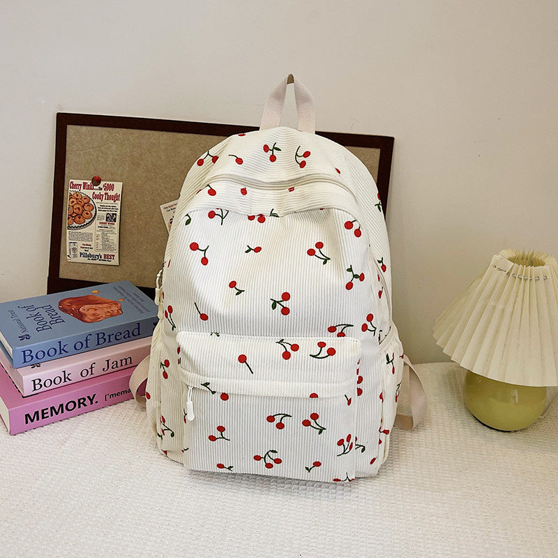 Women Sweet Cherry Corduroy Backpack, Student Travel School Bag