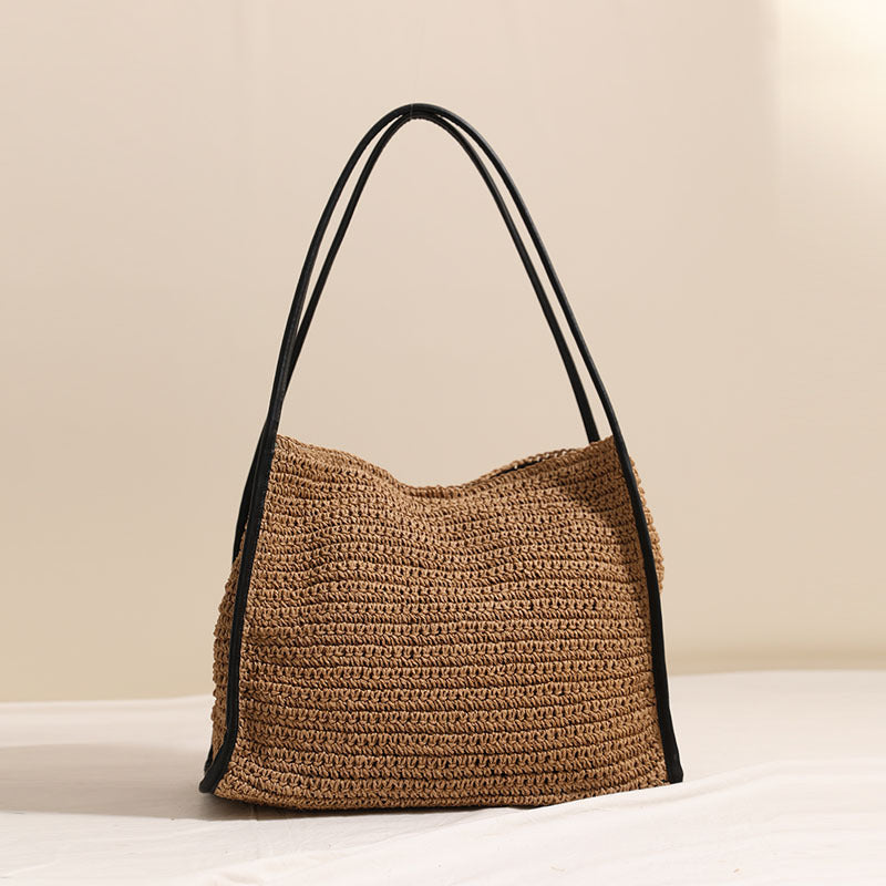 Women Large Shoulder Straw New Square Solid Woven Beach Bag