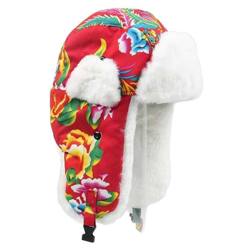 Quilted Winter Floral Plush Ear Flaps Trapper Hat