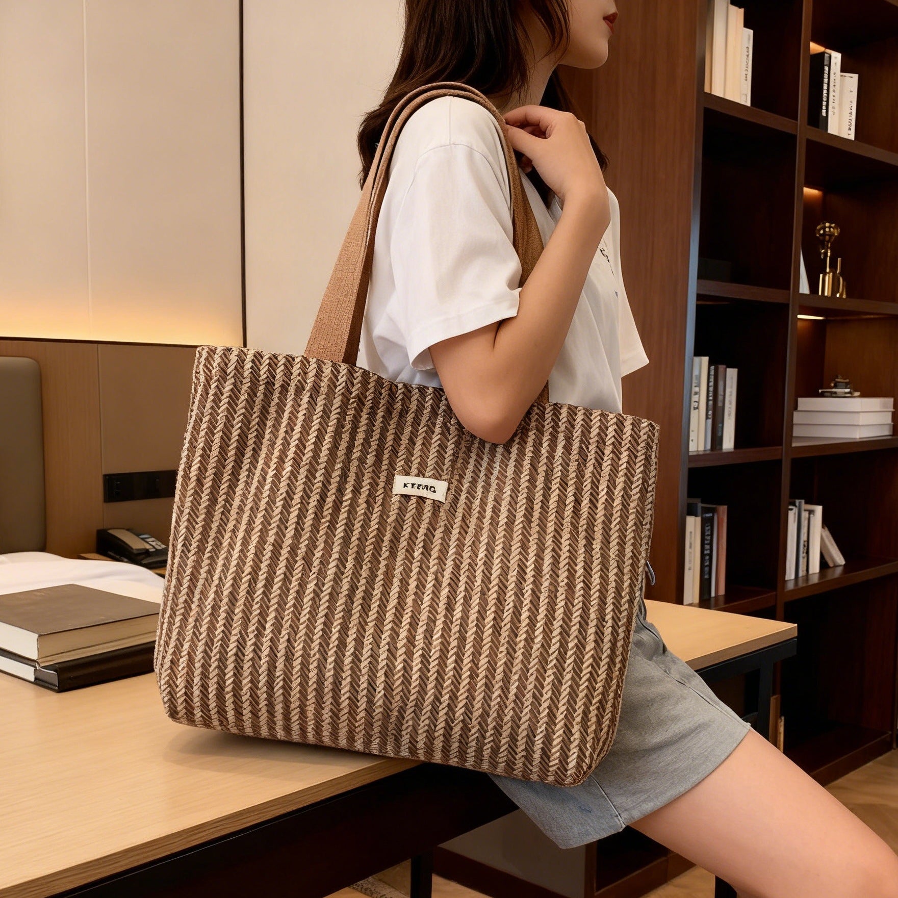 2026 Women Color Block Striped Canvas Tote Bag