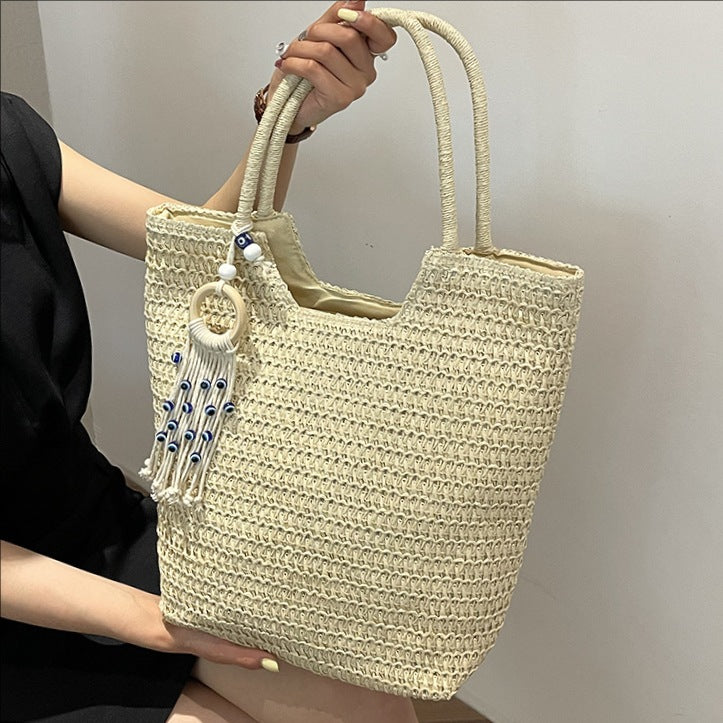 Woven Large Tote with Boho Tassel Charm