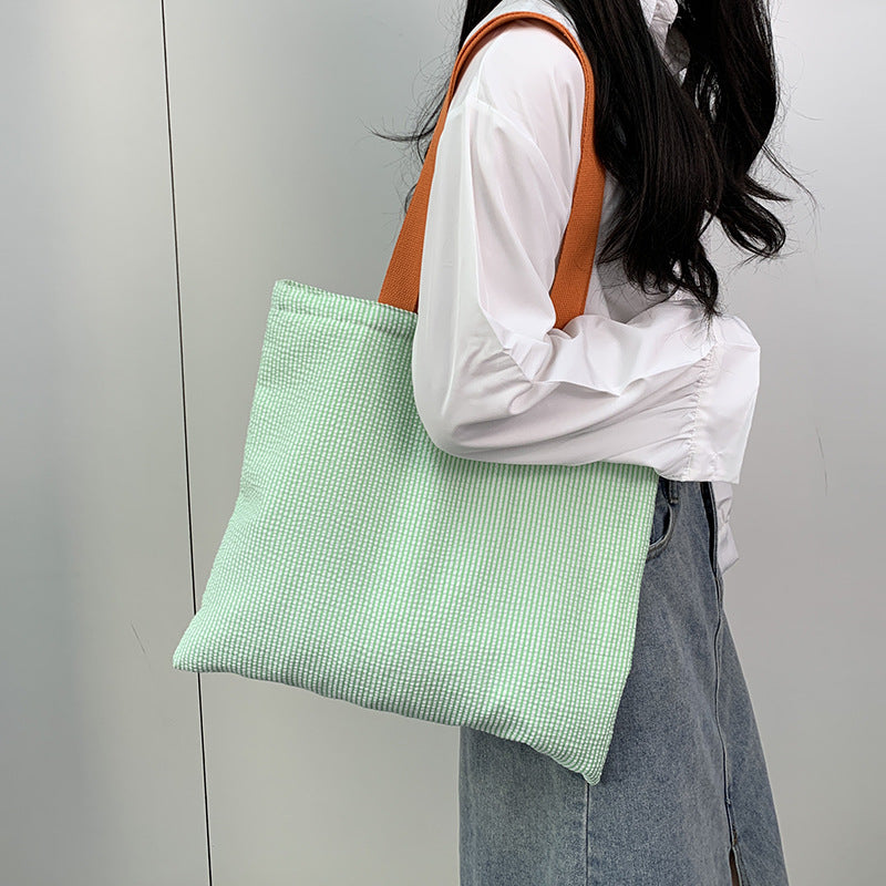 2026 Women Color Block Striped Canvas Tote Bag