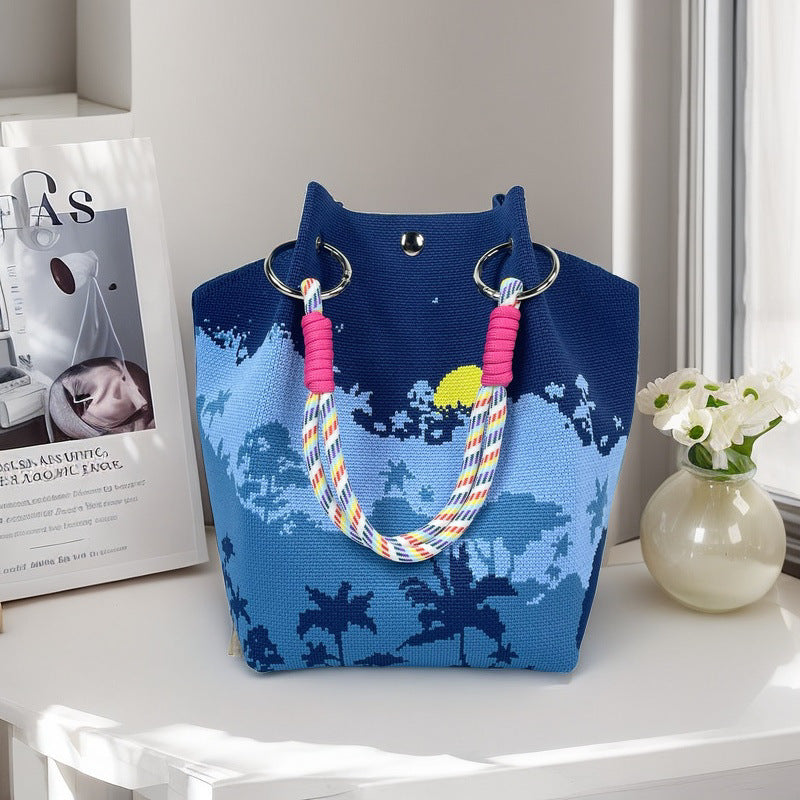 Graphic Jacquard Ring Handle Bucket Tote Bag