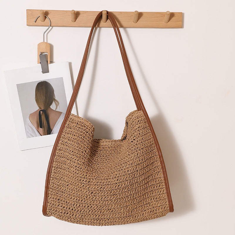 Women Large Shoulder Straw New Square Solid Woven Beach Bag