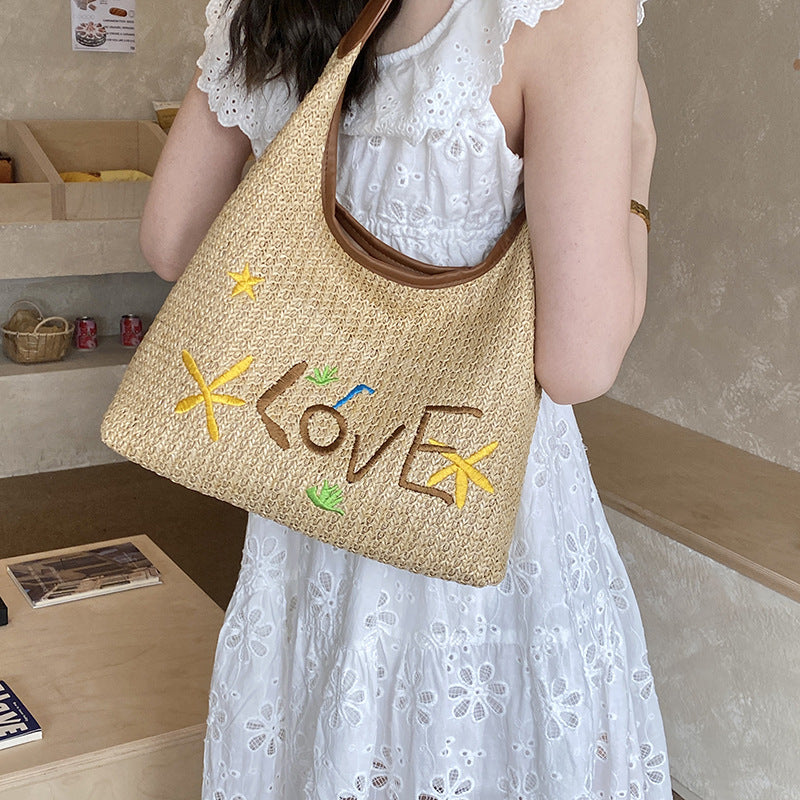 Women Korean Letter Woven Straw 2026 New Relaxed Large Beach Shoulder Tote Bag