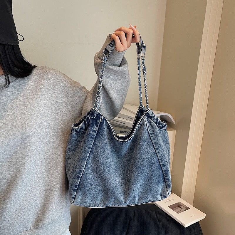 Cross-Border Denim Bag For Women 2025 New Fashion Chain Shoulder Crossbody Bag Large Capacity Commuter Tote Bag