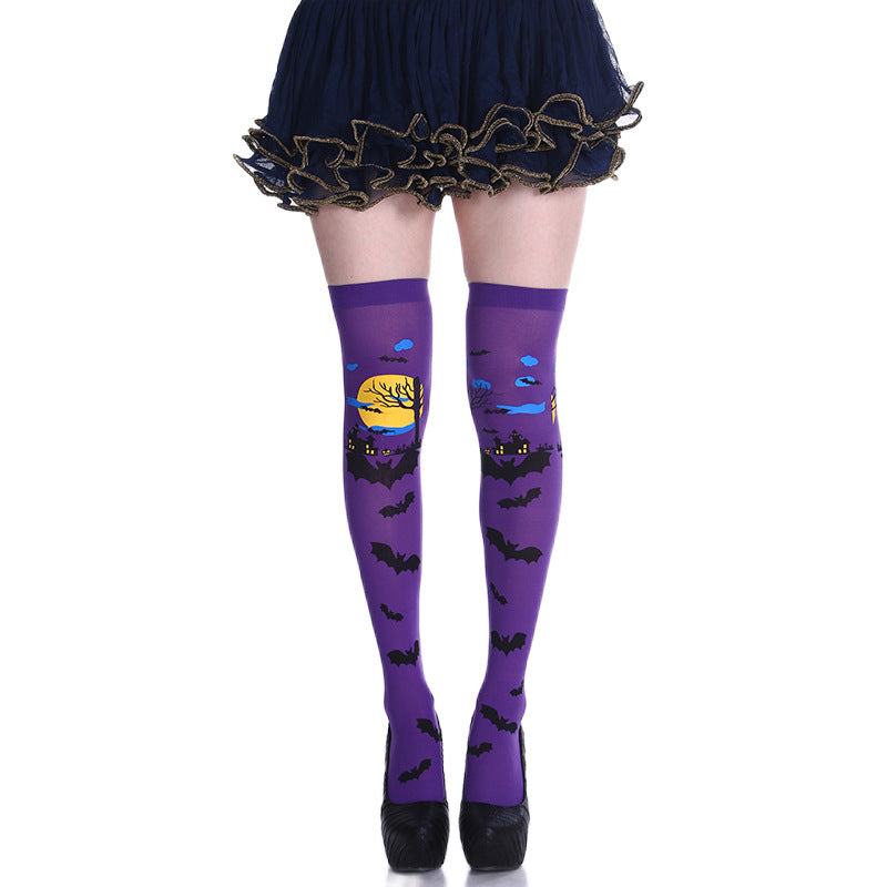 Halloween Thigh-High Socks with Bat and Haunted House Prints