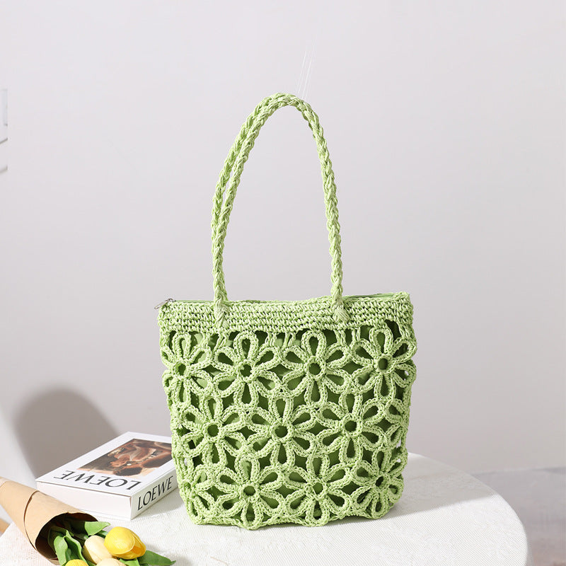 Women New Hollow Floral Straw Woven Shoulder Handheld Beach Bag
