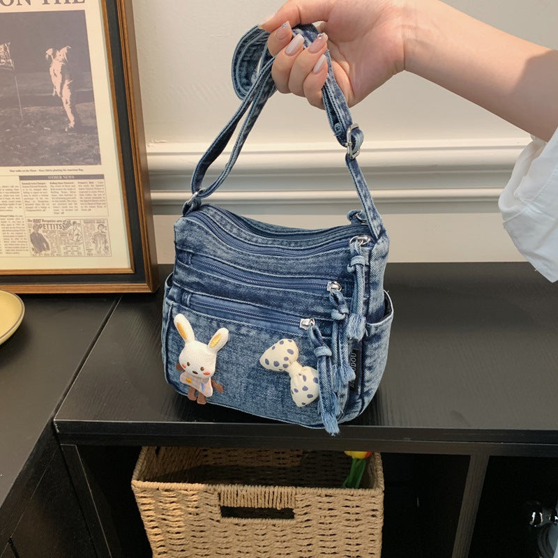 Cute Bunny Denim Crossbody Bag with Multiple Zipper Pockets