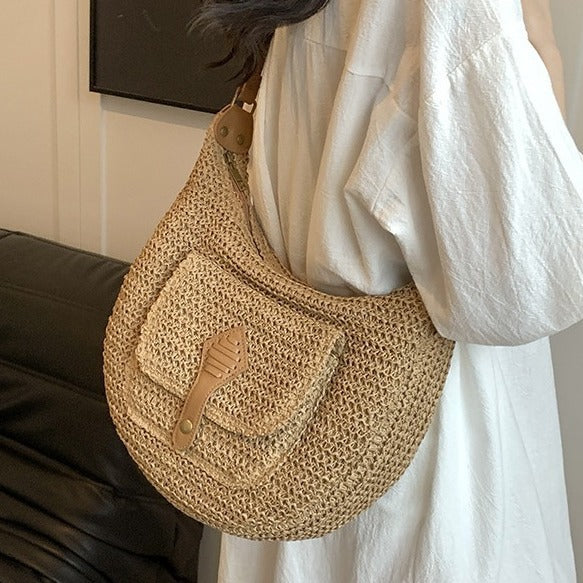 Women Casual Vacation Straw 2026 Summer New Versatile Shoulder Underarm Saddle Large Beach Bag