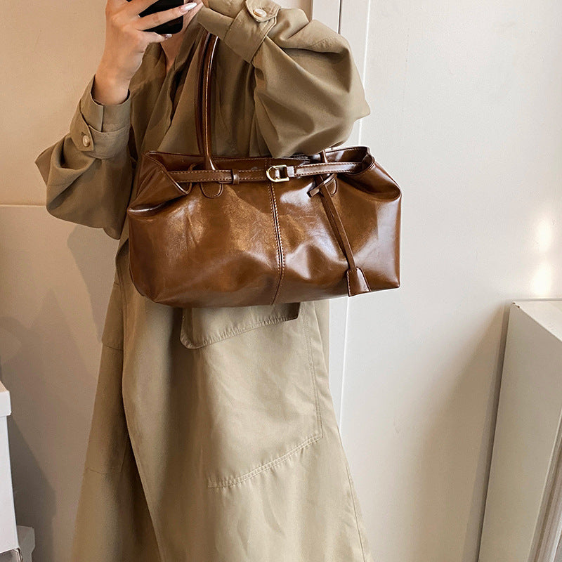 Glossy East-west Shoulder Bag with Elegant Belted Detailing