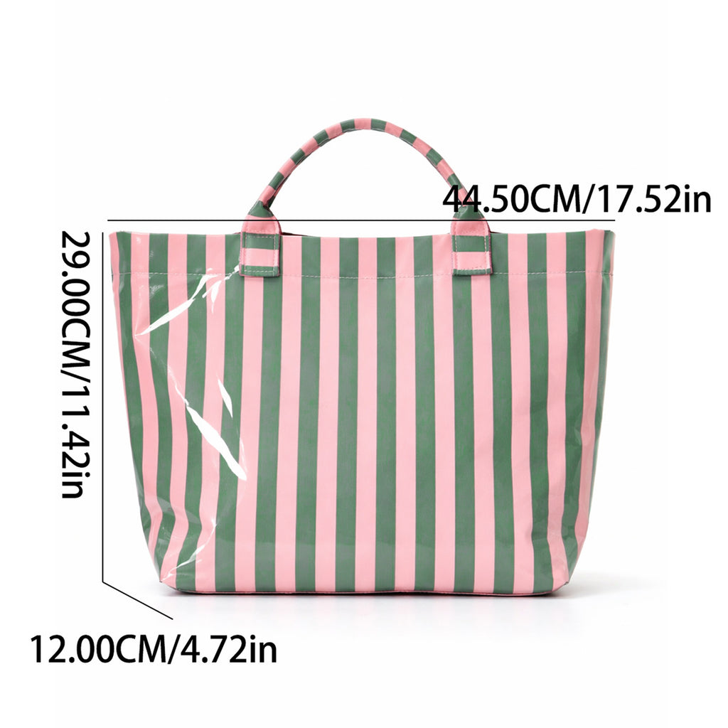 Pvc Glossy Tote Bag Large Capacity Waterproof Striped Handbag Outdoor Travel Beach Bag Mlb2026