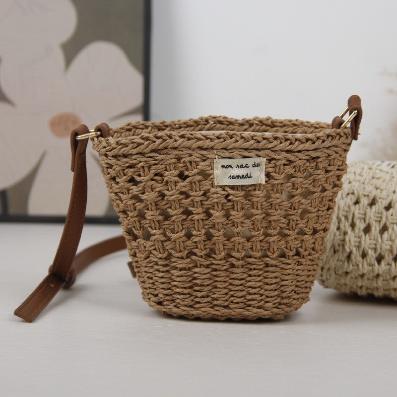 Women Cute Hollow Straw Bucket Bag, Vacation Beach Crossbody Shoulder Bag