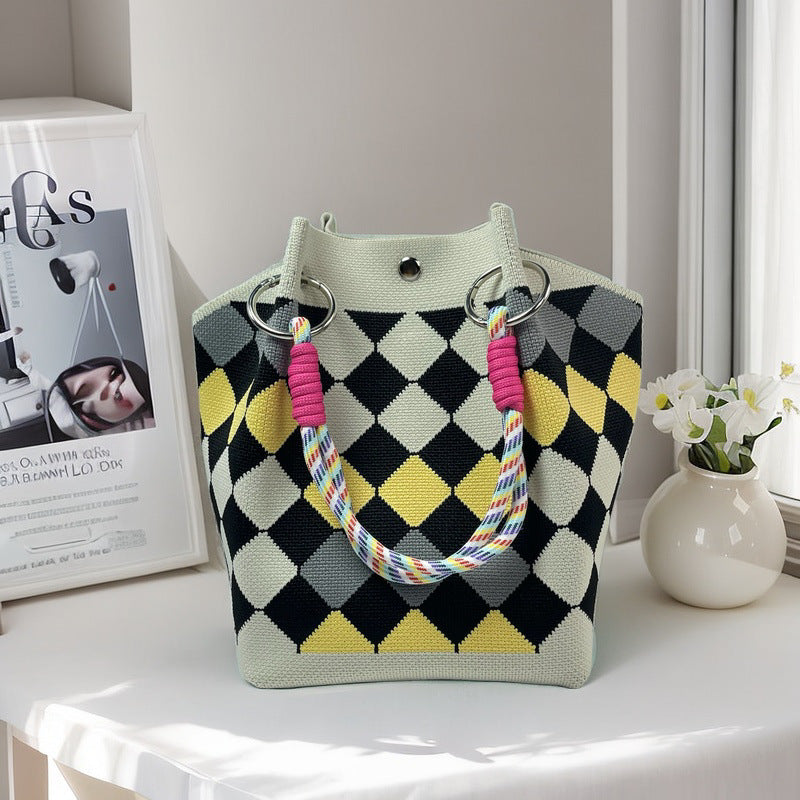 Graphic Jacquard Ring Handle Bucket Tote Bag