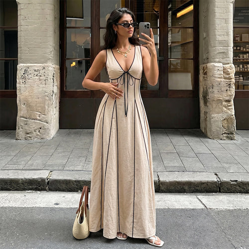 2026 Summer New Color Block V Neck Tie Sleeveless Waist Cinch Dress