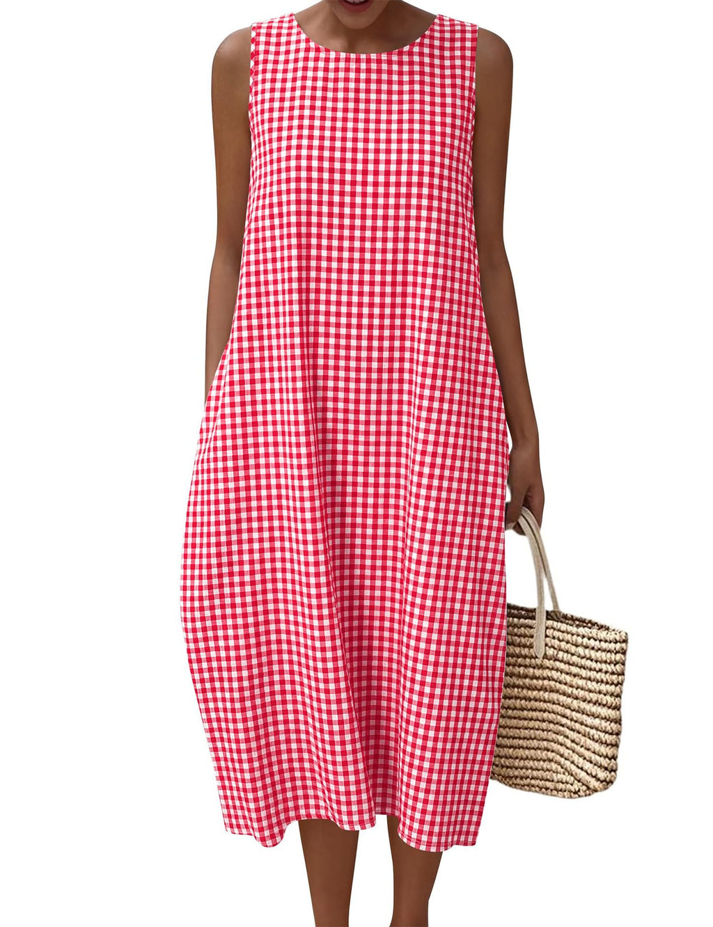 Women Pocket Loose Sleeveless Plaid Dress