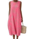 Women Pocket Loose Sleeveless Plaid Dress