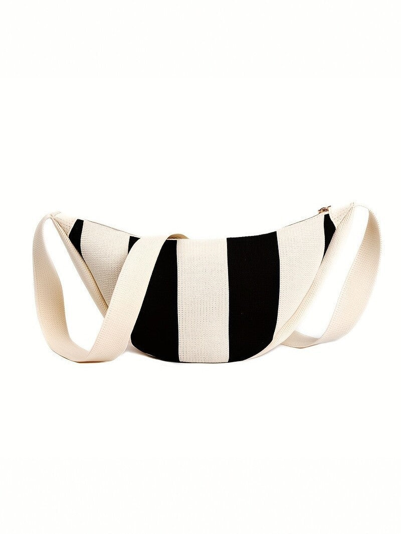Striped Crescent Shoulder Bag with Zipper Closure