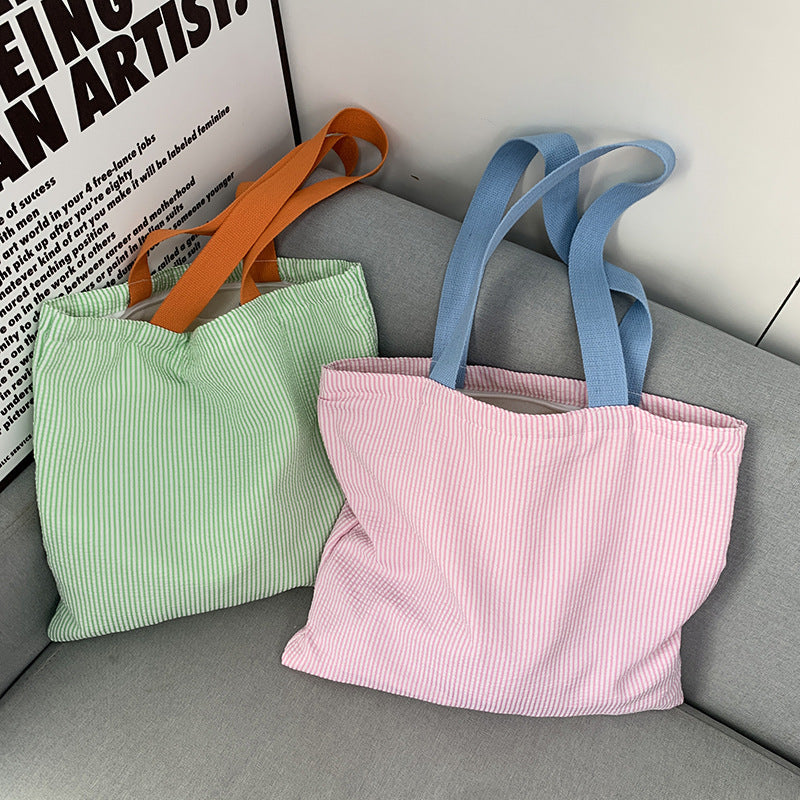2026 Women Color Block Striped Canvas Tote Bag
