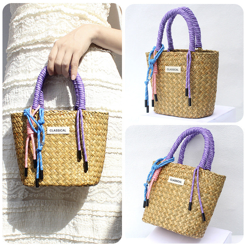 Handmade Colorful Straw Woven Beach Basket Bag