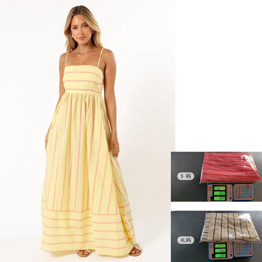 Striped Suspender Backless Large Swing Fresh Dress