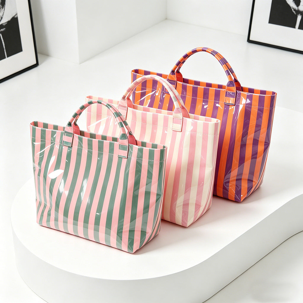 Pvc Glossy Tote Bag Large Capacity Waterproof Striped Handbag Outdoor Travel Beach Bag Mlb2026