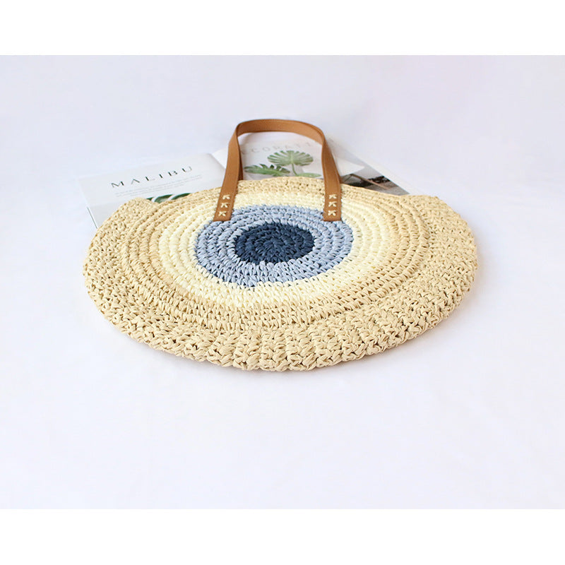 Women Color-Block Shoulder Handmade Woven Straw Beach Bag