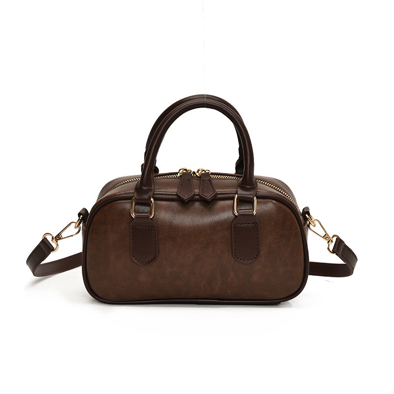 Mini Boston Bag PU Leather Handbag with Detachable Crossbody Strap