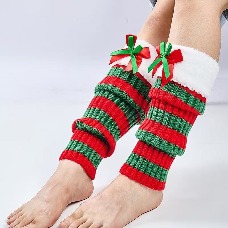 Christmas Faux Fur Cuffs and Bows Knit Leg Warmers