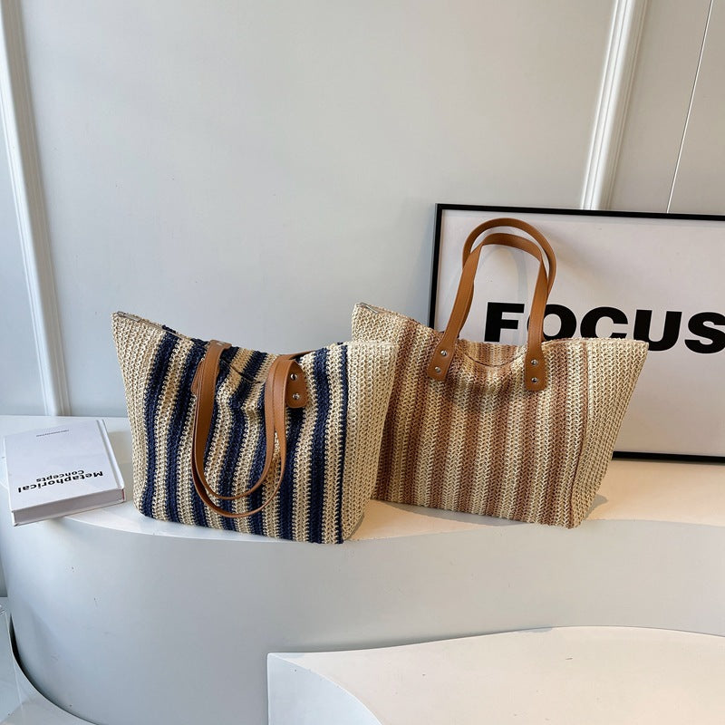 Women Fabric Straw Woven Tote 2026 New Leather Strap Summer Premium Bag