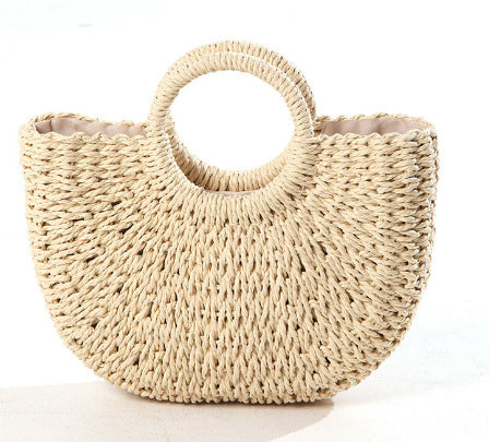 Women Spring Summer New Half Round Straw Paper Rope Handheld Vintage Beach Bag