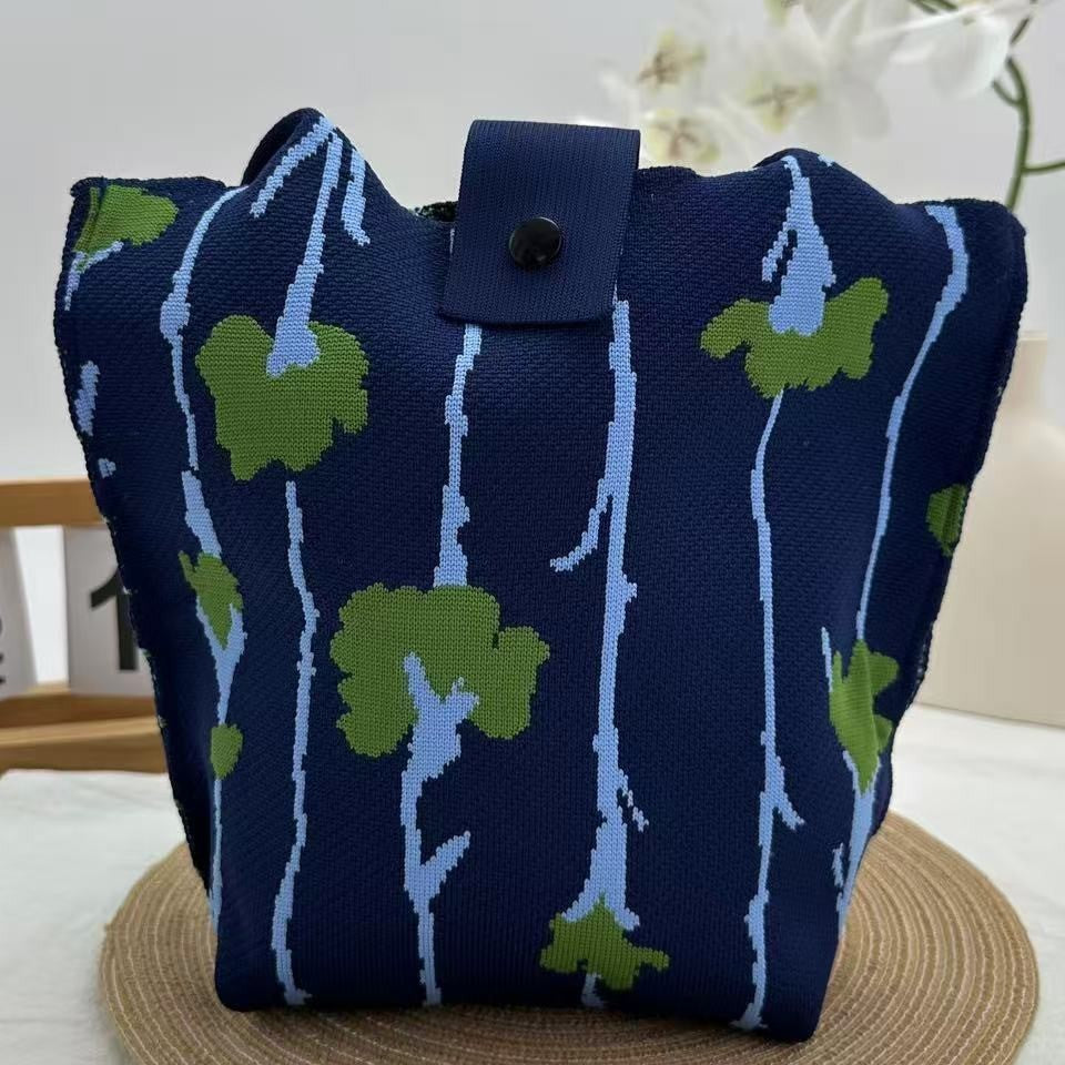 Retro Floral Knitted Snap Closure Tote Bag